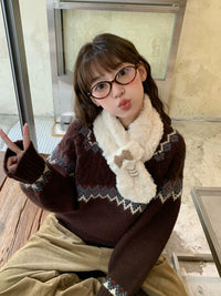 Japanese Style Plush Cat Scarf for Women, Warm and Versatile Short Cross Scarf
