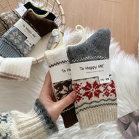 Women's Mid-Calf Thermal Wool Socks with Fair Isle Snowflake Pattern for Winter