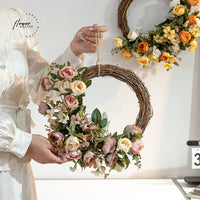 Natural Rattan Woven Floral Wreath Wall Decor Artificial Flower Hanging for Home Window Display