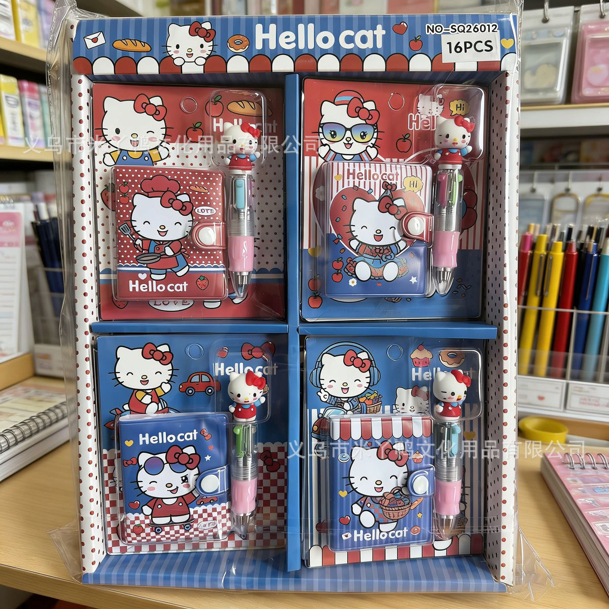 Hello Kitty Notebook Set with Four-Color Pen, High-Value Snap-Button Diary for Students