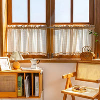 Japanese Retro Cotton Linen Blend Cafe Curtain for Windows and Doors, No-Drill Installation, Light Filtering Half Curtain