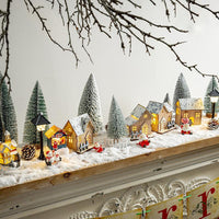 Christmas Village LED Light-Up Wooden House Ornaments with Snow and Trees for Holiday Decor