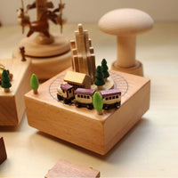 Wooden Music Box with Clockwork Mechanism, Rotating Train or Castle Design, Ideal for Girls' Birthdays and Valentine's Day
