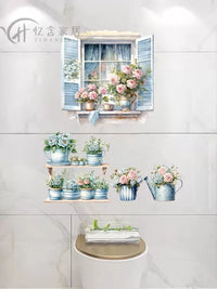 Floral Window View Waterproof Wall Decals for Bathroom and Toilet Tile Decoration