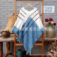 Hand-Dyed Indigo Knit Tassel Shawl for Travel, Sun Protection, and Warmth