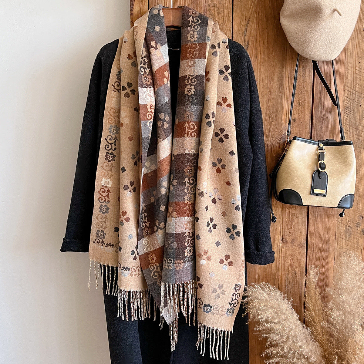 Women's Winter Tassel Scarf Shawl, Ethnic Geometric Cashmere Feel, Thick Warm Neck Wrap
