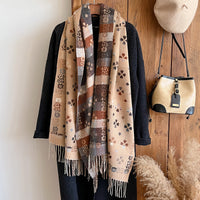 Women's Winter Tassel Scarf Shawl, Ethnic Geometric Cashmere Feel, Thick Warm Neck Wrap