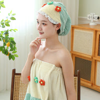 Coral Fleece Hair Drying Cap and Bath Towel Set with Floral Design