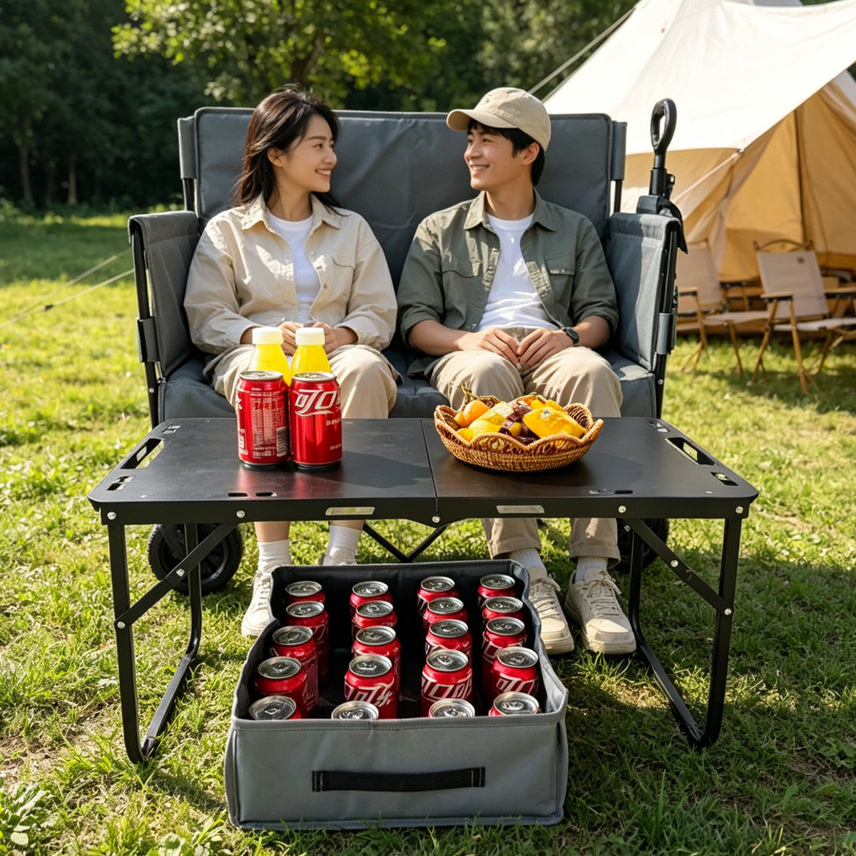 Foldable Outdoor Camping Cart with Table and Seating, Rust-Resistant Picnic Utility Wagon