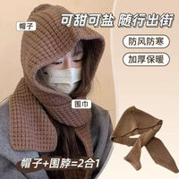 Hooded Scarf and Beanie Set for Winter, Solid Color Warm Knit Scarf and Hat Combo