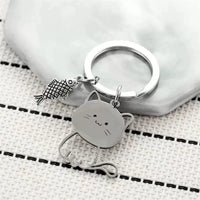 Cute Cartoon Cat Eating Fish Stainless Steel Keychain Pendant for Couples