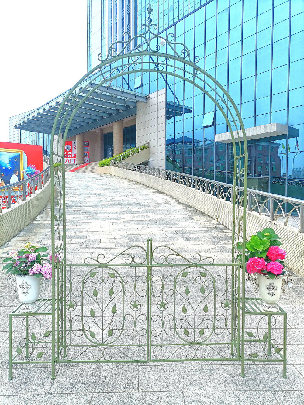 European Wrought Iron Garden Arch with Gate for Climbing Plants
