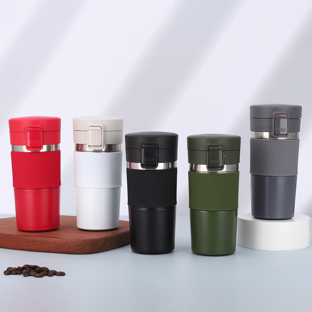 304 Stainless Steel Insulated Coffee Mug with Silicone Sleeve, Portable Outdoor Travel Thermos with Lockable Flip Lid