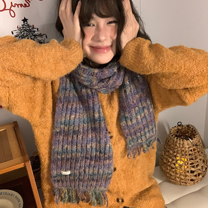 Retro Tassel Tie-Dye Mixed Color Scarf for Autumn/Winter