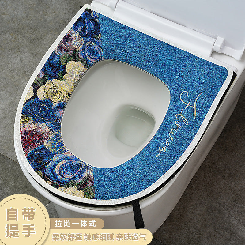 Universal Cotton Linen Toilet Seat Cover with Handle and Zipper, Breathable, Washable, Skin-Friendly for All Seasons