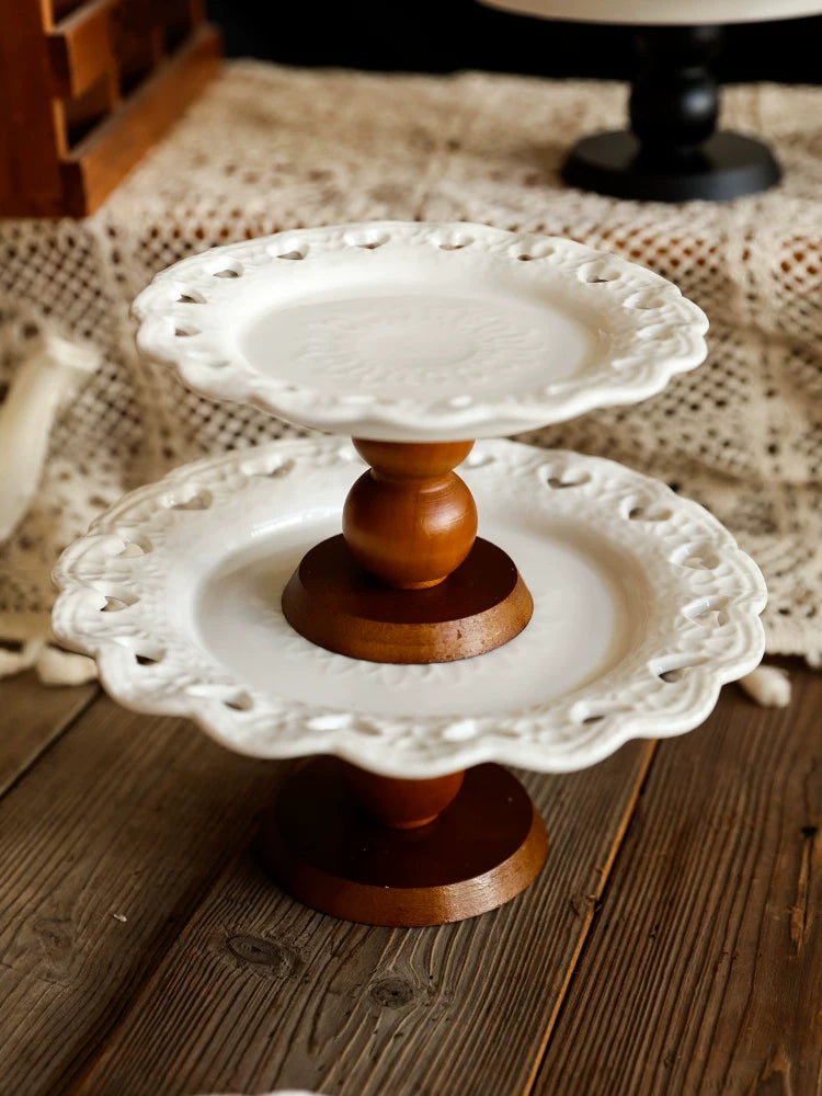 European Embossed Wooden Fruit Plate with High Stand for Afternoon Tea Desserts and Snacks