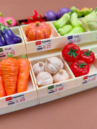 Miniature Supermarket Vegetable Stall Model with Shelves and 36 Vegetable Accessories