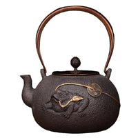 Japanese Cast Iron Teapot with Gilded Toad Design, Uncoated Interior, Copper Handle, 1.2L