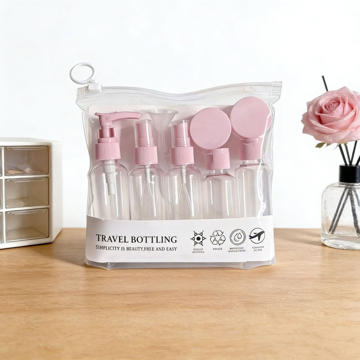 Travel Bottle Set for Cosmetics and Toiletries - Press Pump, Spray, and Cream Jars