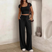 Women's Y2K Casual Slim Fit Two-Piece Short Sleeve Top and Long Pants Set