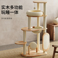 Solid Wood Cat Tree Condo with Scratching Board, Space-Saving Vertical Cat Tower for Indoor Cats