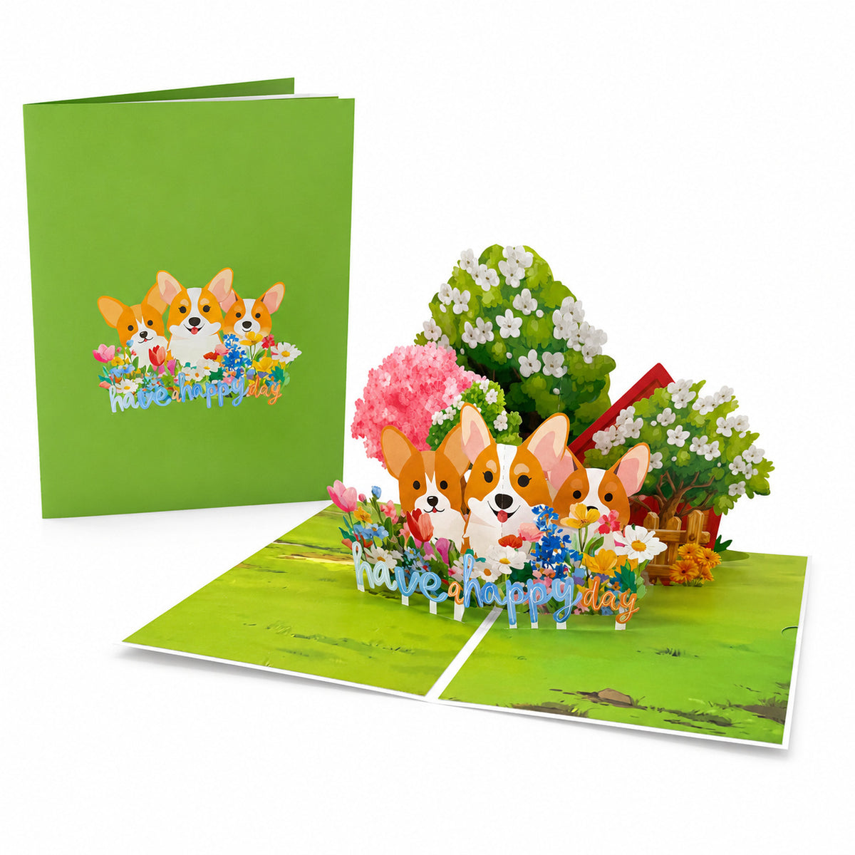 3D Corgi Pop-Up Birthday Card with Handmade Flower Bouquet