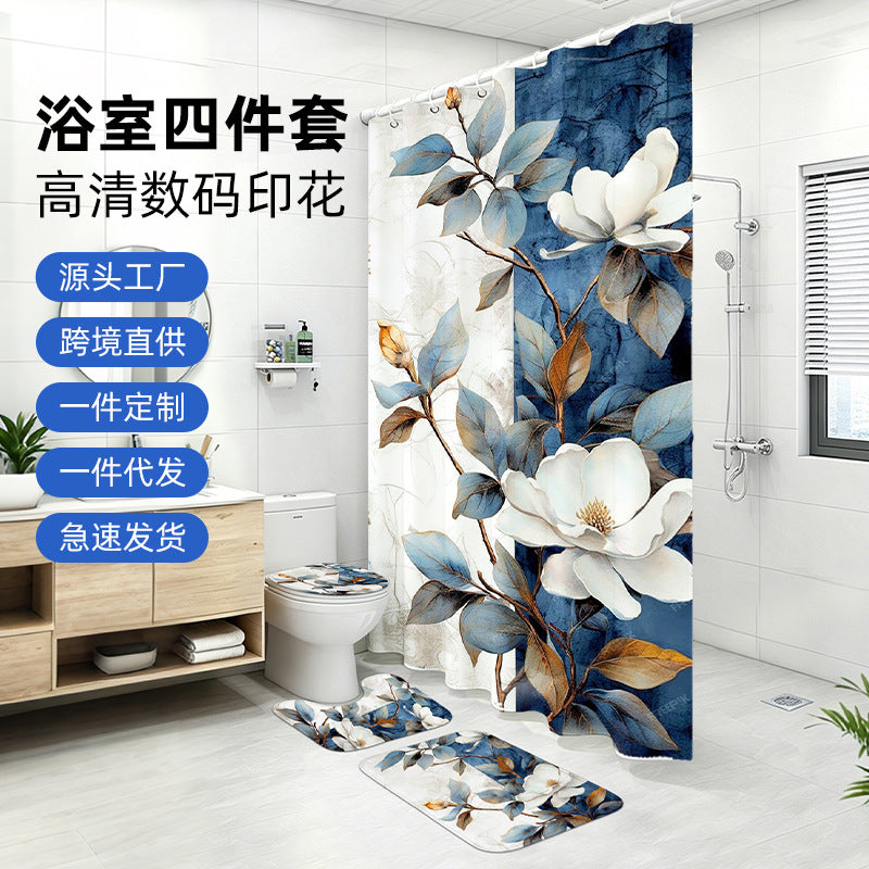 Japanese Plum Blossom Shower Curtain Set with Non-Slip Bath Mat & Toilet Lid Cover