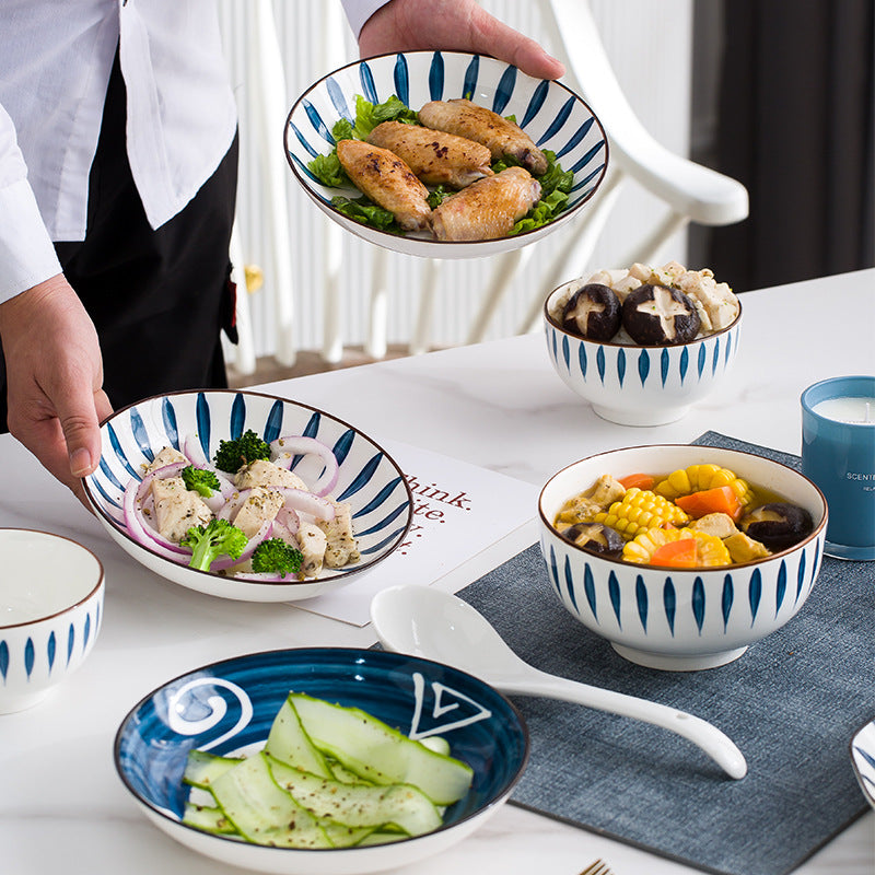 Jingdezhen Japanese Style Underglaze Ceramic Dinnerware Set with Bowls, Plates, and Chopsticks
