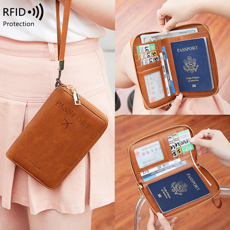 RFID Blocking Travel Passport Holder with Zipper, Multi-functional Document Organizer and Wallet