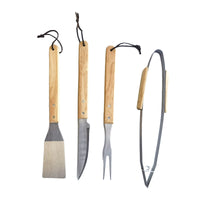 4-Piece Stainless Steel BBQ Tool Set with Wooden Handles - Grilling Utensils for Outdoor Cooking and Camping