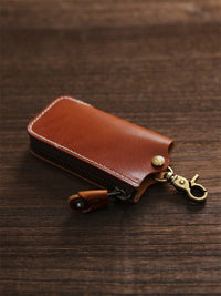 Men's Vintage Genuine Leather Car Key Holder with Zipper, Large Capacity Waist Hanging Key Case