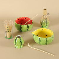 Jiu Tian Hand-Painted Watermelon Matcha Bowl Set with Spout, Japanese Style Tea Ceremony Whisking Tool