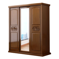 New Chinese Solid Wood Wardrobe with Mirror, Three-Door Sliding Storage Cabinet