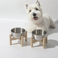 Elevated Stainless Steel Pet Bowl with Wooden Stand for Cats and Small Dogs, Large Capacity, Anti-Tip Design, Neck Protection