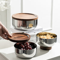 Lychee Wood & Stainless Steel 3-Tier Fruit Bowl with Stand, High-Footed Snack & Nut Serving Platter
