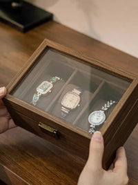Premium Walnut Wood Grain Watch Storage Box with Clear Lid, Multi-Slot Organizer