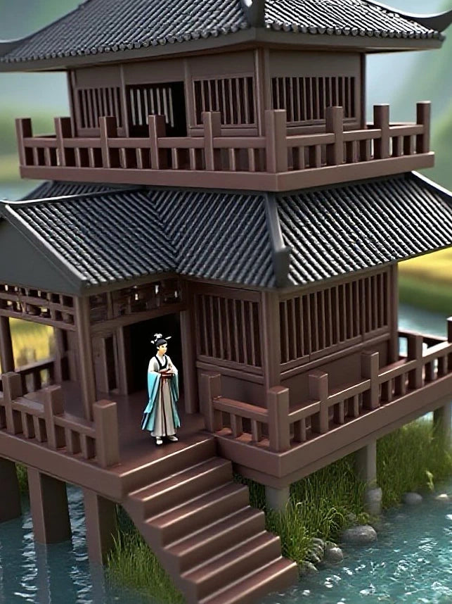 Vintage Chinese Stilt House Pavilion Micro Landscape Ornament for Fish Tank Bonsai