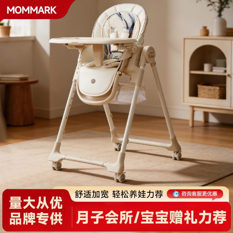 MomMark Foldable Baby High Chair with Wheels, Portable Multi-functional Infant Feeding Seat with Storage Basket