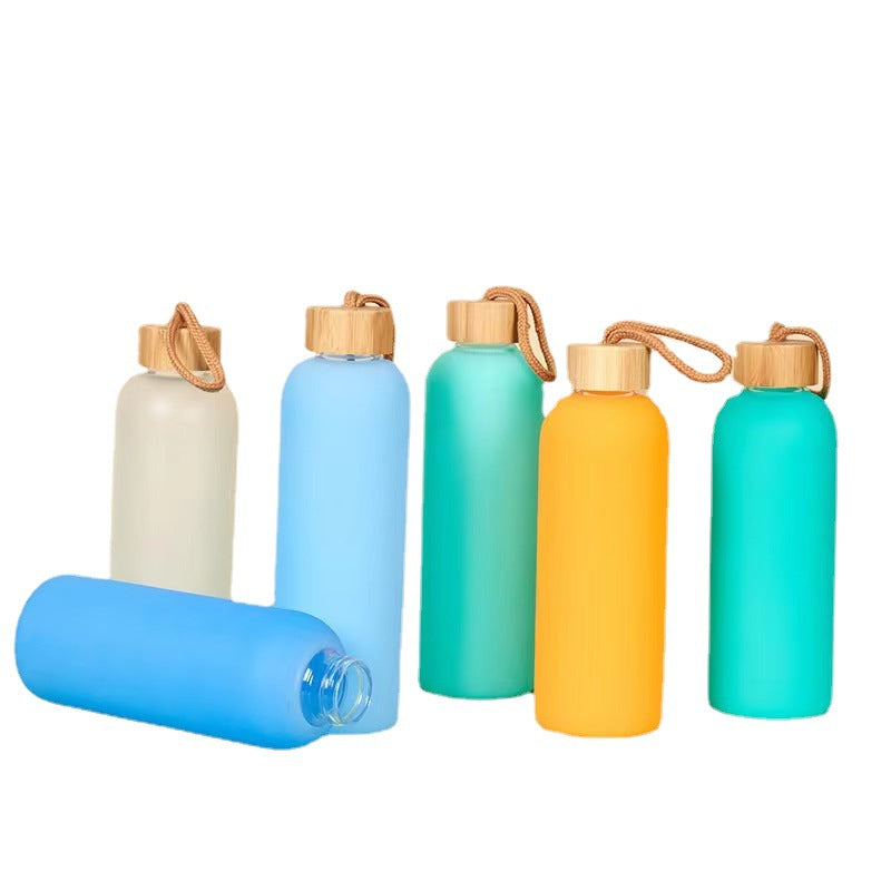 750ml Large Capacity Glass Water Bottle with Bamboo Lid and Carrying Strap, Portable Candy Color Sports Bottle for Students