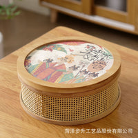 Bamboo Woven Cosmetic Storage Box with Mirror, Wooden Round Desktop Organizer