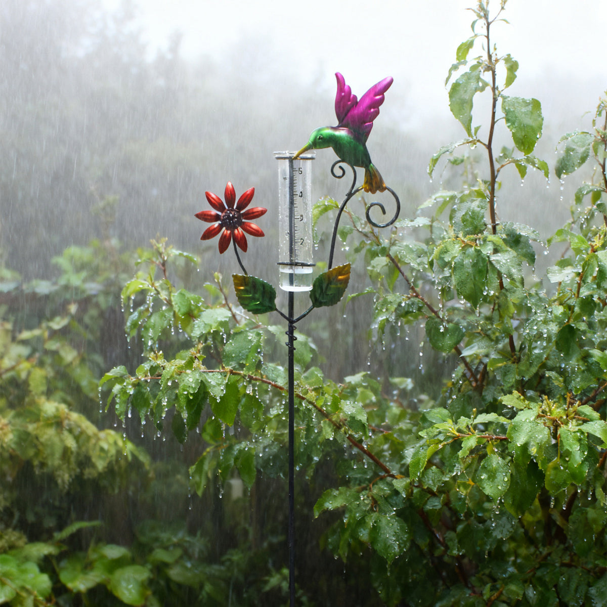 Decorative Iron Art Rain Gauge with Glass Measuring Cup for Garden