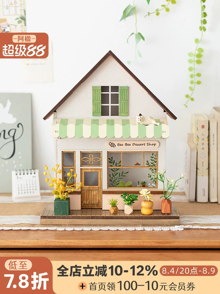 Ayin Miniature Wooden House Diorama with LED Light for Kids' Room Decor and Storage