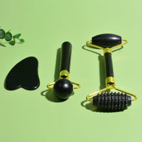Black Bian Stone 3-Piece Jade Roller and Gua Sha Massage Tool Set for Face and Body