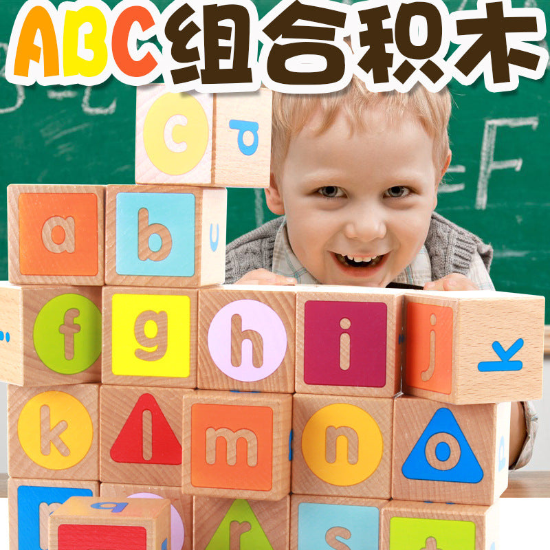 Kids' Educational Wooden Alphabet Cube Building Blocks - 26 Letters, Six-Sided Pictures