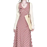 Vintage Plaid Halter Neck Dress for Petite Women, Slimming Beach Vacation Outfit