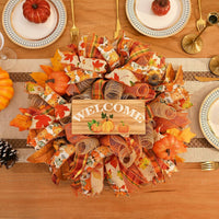 Autumn Thanksgiving Pumpkin Wreath with Welcome Sign for Front Door Decor