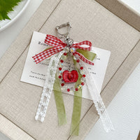 Japanese Style Cherry Bowknot Beaded Keychain Plaid Ribbon Bag Charm for Girls