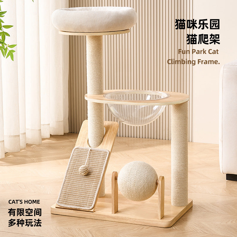 Solid Wood Cat Tree Condo with Scratching Board, Space-Saving Vertical Cat Tower for Indoor Cats