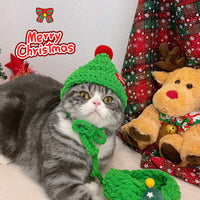 Knitted Pet Christmas Hat and Scarf Set for Cats and Dogs, Hand-Crocheted Festive Pet Costume