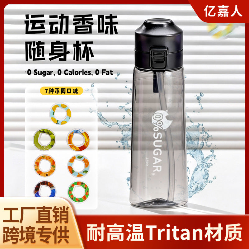 Scented Water Bottle with Straw, Tritan Material, 0 Sugar 0 Calorie Flavor Ring, Creative Sports Drink Bottle
